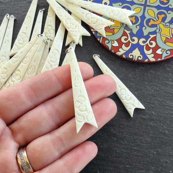 Hand Carved Flower Bone Pendant, African Floral Bone Earring Dangle, Lightweight  52mm x 12mm, 1pc