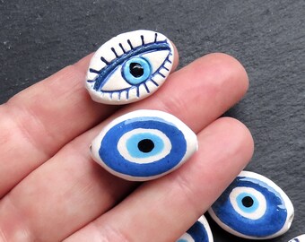 Handmade Evil Eye Ceramic Oval Bead, Long Artisan Bead for Jewelry Making, Handcrafted Pottery Findings, 26x17mm, , 1pc