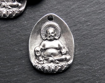 Laughing Maitreya Buddha Pendant, Big Belly Buddha Of The Future, Amulet for Luck Health Wealth Properisty   Matte Antique Silver Plated 1pc