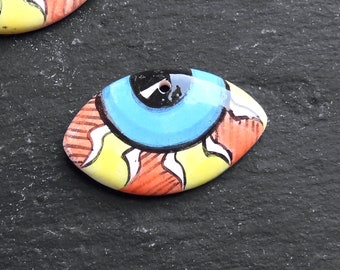 Ellipse Evil Eye Sun Pendant Ceramic Artisan Charm for Jewelry Making, Handmade Handcrafted Pottery Findings, 39x24mm, 1pc