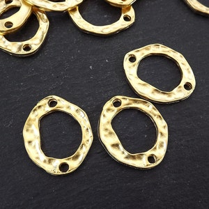 Gold Hammered Organic Ring Connector Pendant, Oval Hoop Loop Link with Holes, 22k Matte Gold, 3PC