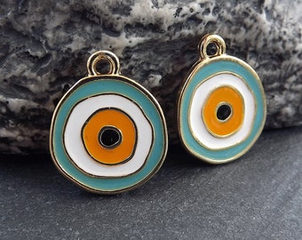 Evil Eye Charm Pendant, Turquoise Aqua Blue Enamel Evil eye, Good Luck Charm, Protection Eye Charm Coin Medallion Pendant, Gold Plated