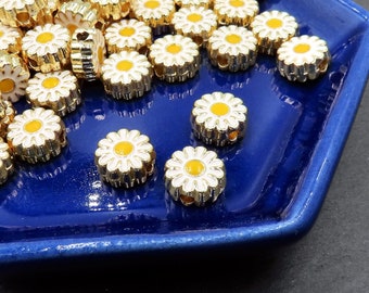 3 Large Enamel Daisy Flower Spacer Charms, Double Sided 24k Shiny Gold Plated