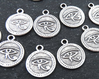 Round Egyptian Eye of Horus Dangle Pendant Charms, Egyptian Symbol, Eye of Ra, Silver Coin Charm Pendants, Matte Antique Silver Plated, 10pc