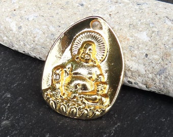Laughing Maitreya Buddha Pendant, Big Belly Buddha Of The Future, Amulet for Luck Health Wealth Properisty 24k Shiny Gold Plated 1pc