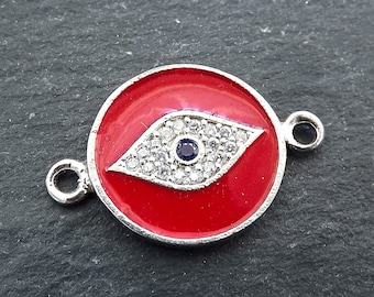 Evil Eye Charm Pendant Connector, Red Enamel Evil Eye CZ Rhinestone Pendant, Good Luck Charm, Silver Plated