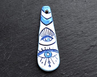 All Seeing Evil Eye Ceramic Pendant, Long Drop Artisan Charm for Jewelry Making, Handmade Handcrafted Pottery Findings, 79x22mm, 1pc