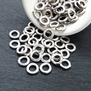 Rustic Hammered Heishi Washer Bead Spacers, Organic Round Metal Beads, Jewelry Making Supply, Matte Antique Silver Plated Brass, 15pc