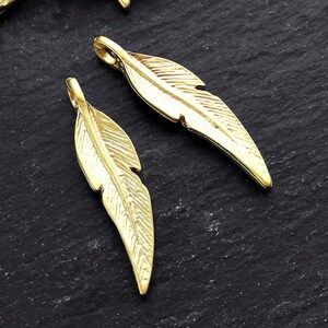 Large Feather Pendant Charms with Side Loop, Rustic, 22k Matte Gold Plated, 2pc