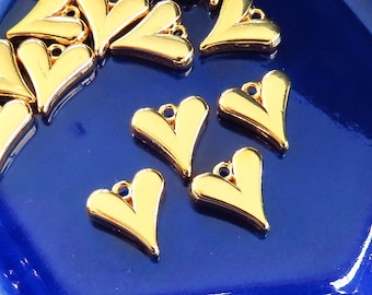 4 Plump Heart Charm Pendants, Findings For Jewelry Making, 24k Shiny Gold Plated