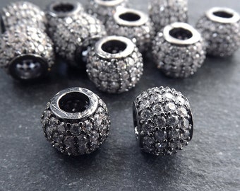 Gunmetal Pave Bead, Silver Rhinestone Bead, Bead Spacer, Micro Pave Round Ball Bead, Non Tarnish Shiny Gunmetal, 10mm, 1pc