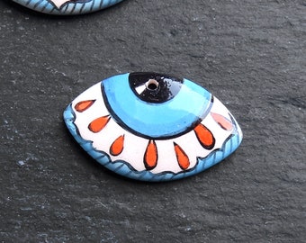 Ellipse Evil Eye Tears Pendant Ceramic Artisan Charm for Jewelry Making, Handmade Handcrafted Pottery Findings, 39x24mm, 1pc