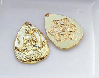 Buddha Amulet Pendant Samantabhadra Om Mani Padme Hum Symbol, Buddhist Prayer, Lotus Sutra, Buddha Mantra, 24k Shiny Gold Plated 1pc