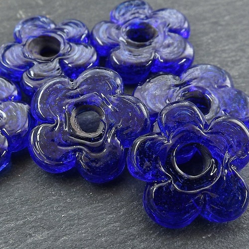 6 Deep Green Glass Flower Beads Large Chunky Flower Artisan Etsy