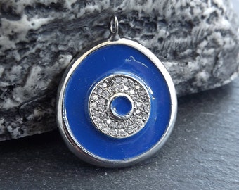 Enamel Evil Eye Charm Pendant, Blue Evil Eye CZ Rhinestone Pendant, Good Luck Charm, Silver Plated, 1pc