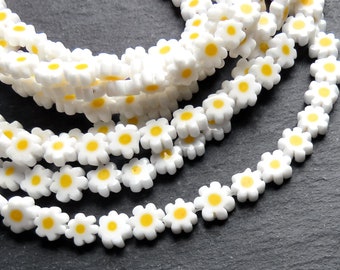 Glass Daisy Flower Beads Millefiori Murano Lampwork Flat Floral Bead, 7-8mm, 1 Strand, White