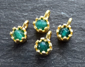 Mini Prong Drop Charms with GreenJade Stone, Small Gold Gemstone Charms, Earring Charms, Bracelet Beading Charms, 22k Matte Gold Plated, 4pc