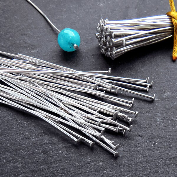 Flat Headpins T Pins 2 inch 20 Gauge 20G, 1.8mm Head, Jewelry Making, Silver Findings, Silver Plated, 100pcs