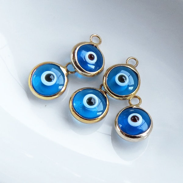 Mini Glass Evil Eye Charms, Translucent Blue Nazar Bead, Lampwork, Lucky Protective Amulet, Shiny Gold Plated Bezel, 5pc