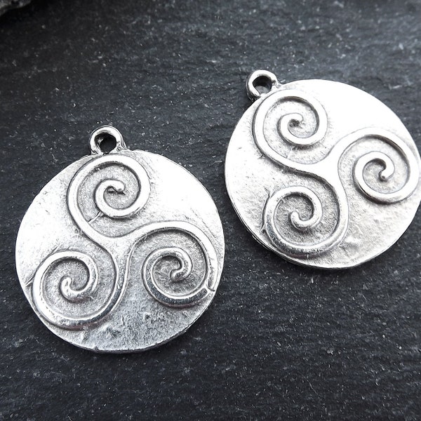 Silver Celtic Triskelion Pendants, Round Triskele Amulet Pendant Charms, Rustic Jewelry, Artisan Charm, Matte Antique Silver Plated, 2pc