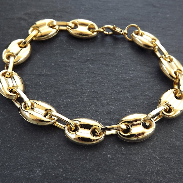 Gold Bracelet Blank Chain with Clasp, Coffee Bean Chunky Statement Chain, Oval Link, Empty Chain, 22k Shiny Gold Plated, 7"