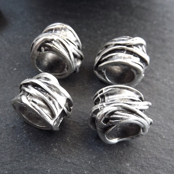 Large Silver Tube Beads, Rustic Wrap Barrel Bead, Statement Beads, Bracelet Bead Spacer, Large Hole, Matte Antique Silver, 4pc