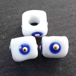 White Square Evil Eye Beads, Glass Cube Beads, Turkish Nazar Amulet Talisman, Good Luck, Necklace Bead, 10mm, 3pc