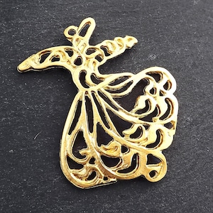 Rumi Whirling Dervish Pendant, Semazen Sufi Pendant, Turning Sama Dance, Farsi Calligraphy, 22k Matte Gold Plated, 1pc