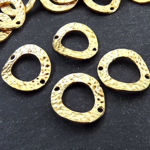 Wavy Gold Hammered Link Connector Pendant, Double Sided Oval Ring Hoop Loop Link with Holes, 22k Matte Gold, 4PC