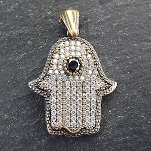 Hamsa Hand Pendant, Hand of Fatima Charm, Graystone Black Clear CZ Crystal, Protective Talisman, Sterling Silver Antique Bronze - 1PC