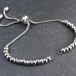 Adjustable Slider Bracelet Blank, Silver Beaded Box Chain Sliding Clasp Bracelet, Chain Connector, Jump Rings on Both Sides For Charm, 1pc