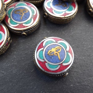 Round Flat Tibetan Buddha Eyes Bead, Turquoise, Lapis and Red Coral Inlay, Nepal Beads, Tibet Beads, Tribal beads, Mala Bead, 1pc