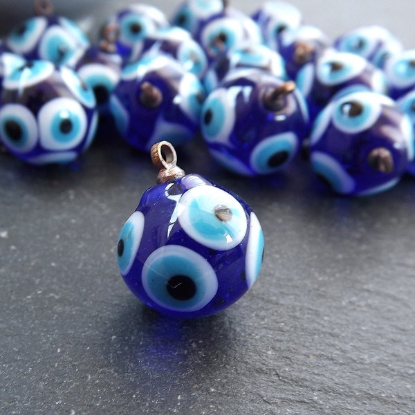 Glass Evil Eye Charm Pendant, Cobalt Blue Round Ball Evil Eye, Lampwork Murano, Amulet, Protective, Lucky, Handmade, 1pc