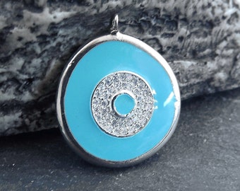 Enamel Evil Eye Charm Pendant, Turquoise Blue Evil Eye CZ Rhinestone Pendant, Good Luck Charm, Silver Plated, 1pc