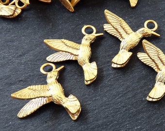 Flying Kingfisher Bird Pendant Charms, Three Dimensional, 22k Matte Gold Plated Brass, 21x20mm, 3pcs