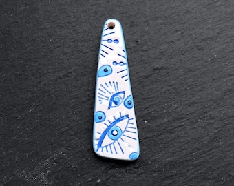 All Seeing Evil Eye Ceramic Pendant, Long Drop Artisan Charm for Jewelry Making, Handmade Handcrafted Pottery Findings, 75x24mm, 1pc