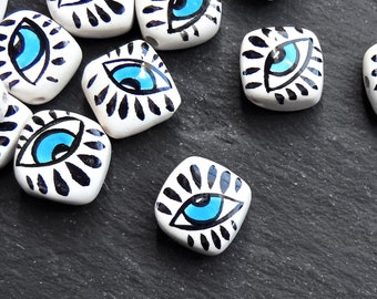 Handmade All Seeing Evil Eye Ceramic Rectangle Bead, Long Artisan Bead for Jewelry Making, Handcrafted Pottery Findings, 23mm, 1pc