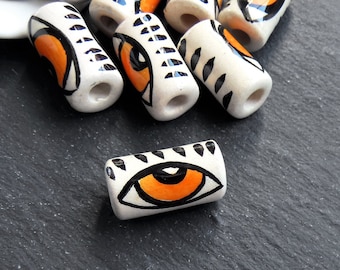 Handmade Evil Eye Ceramic Tube Bead, Long Artisan Bead for Jewelry Making, Handcrafted Pottery Findings, 21x11mm, Orange Eye, 1pc