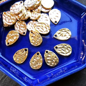 10 Textured Hammered Teardrop Charms, 16x11mm, 24K Shiny Gold Plated