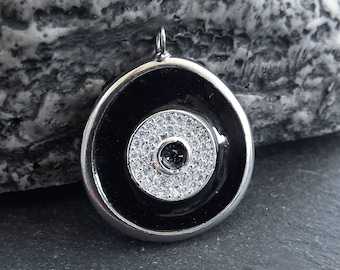 Enamel Evil Eye Charm Pendant, Green Evil Eye CZ Rhinestone Pendant, Good Luck Charm, Silver Plated, 1pc