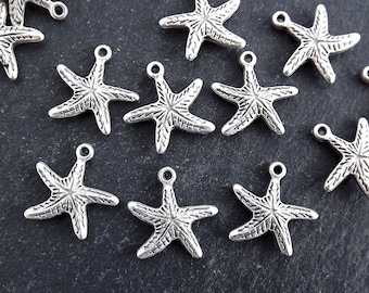 Tiny Silver Starfish Charms, Beach Star, Nautical Marine Pendant, Star fish, Animal Bracelet Charms, Matte Antique Silver Plated 10pcs