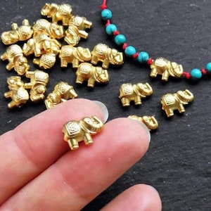 Mini Gold Elephant Bead Spacers, Detailed Non Tarnish Small Beads, Good Luck Beading Supplies 12x9mm Hole 1.2mm, 22k Matte Gold Plated, 4pc