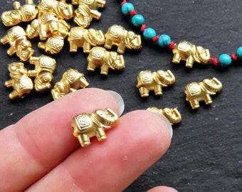 Mini Gold Elephant Bead Spacers, Detailed Non Tarnish Small Beads, Good Luck Beading Supplies 12x9mm Hole 1.2mm, 22k Matte Gold Plated, 4pc