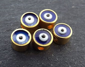 Evil Eye Beads, 6mm Blue Evil Eye, Enamel Evil Eye Bead, Bead Spacer, Evil Eye Charm, 22k Matte Gold Plated, 5pc, Navy Blue