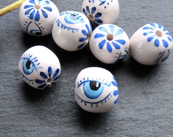 Handmade Evil Eye Ceramic Round Bead, Long Artisan Bead for Jewelry Making, Handcrafted Pottery Findings, 15x14mm, , 1pc