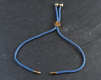 Steel Blue Adjustable Rope Slider Bolo Bracelet Blanks, 2mm Rope Cord Bracelets with Sliding Bead, Gold Findings, 1pc