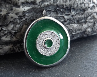 Enamel Evil Eye Charm Pendant, Green Evil Eye CZ Rhinestone Pendant, Good Luck Charm, Silver Plated, 1pc