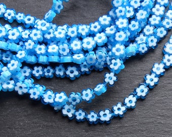 Glass Daisy Flower Beads Millefiori Murano Lampwork Flat Floral Bead, 7-8mm, 1 Strand, Blue White