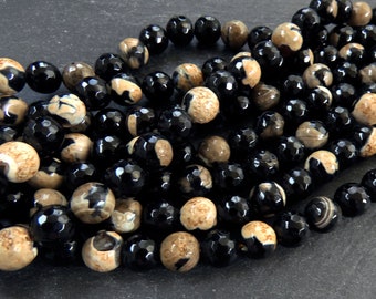 10mm Creamy Beige Black Fire Agate beads, Gemstone Beads, Round Facet Cut, Loose Beads, Natural Stone, Full 15 inch Strand