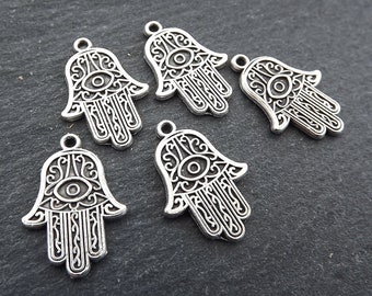 Evil Eye Hamsa Pendant Charms, Good Luck Protective Amulet, Matte Antique Silver Plated, 5pc